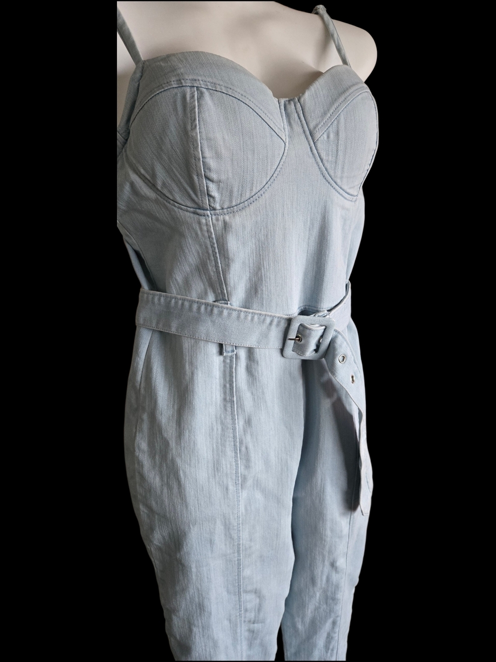 Haute Monde Light Blue Denim Belted Jumpsuit - Picture 2 of 6